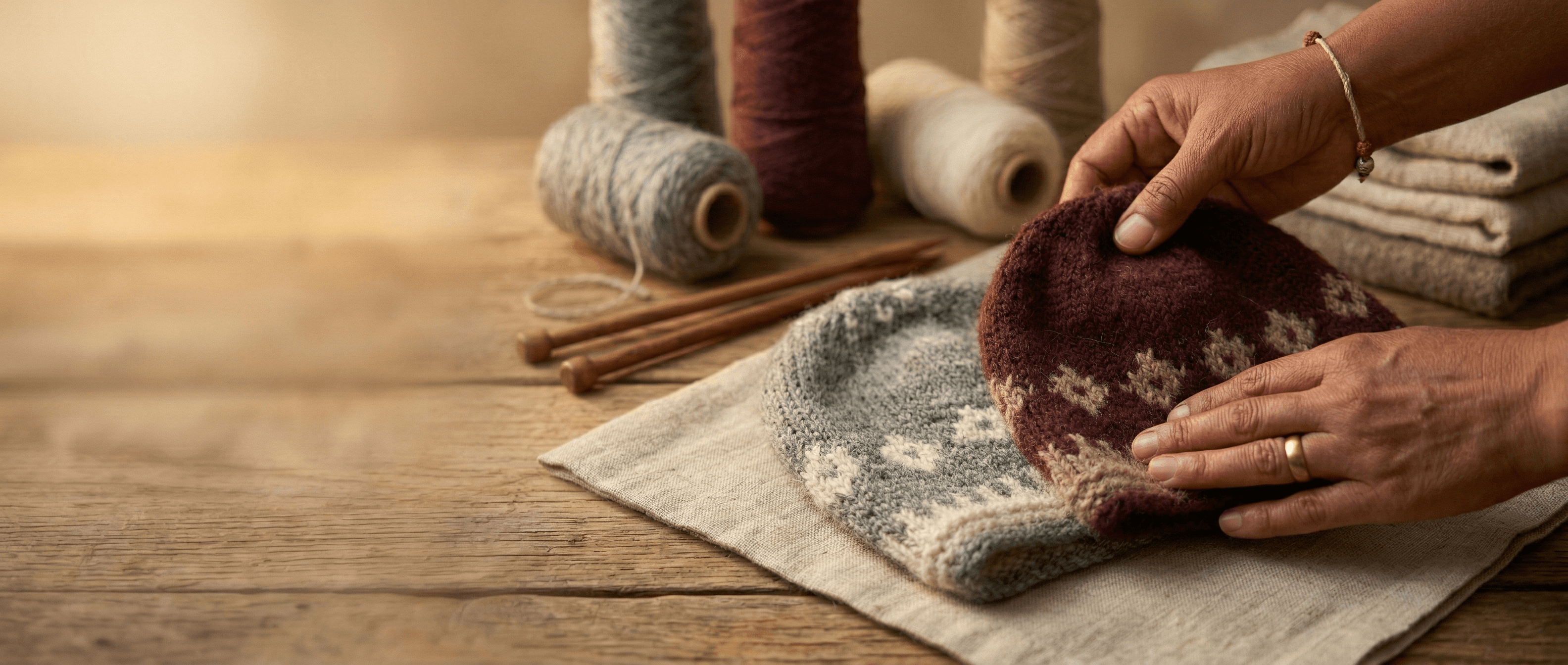 Detailed close-up texture of warm beige hand-knitted wool