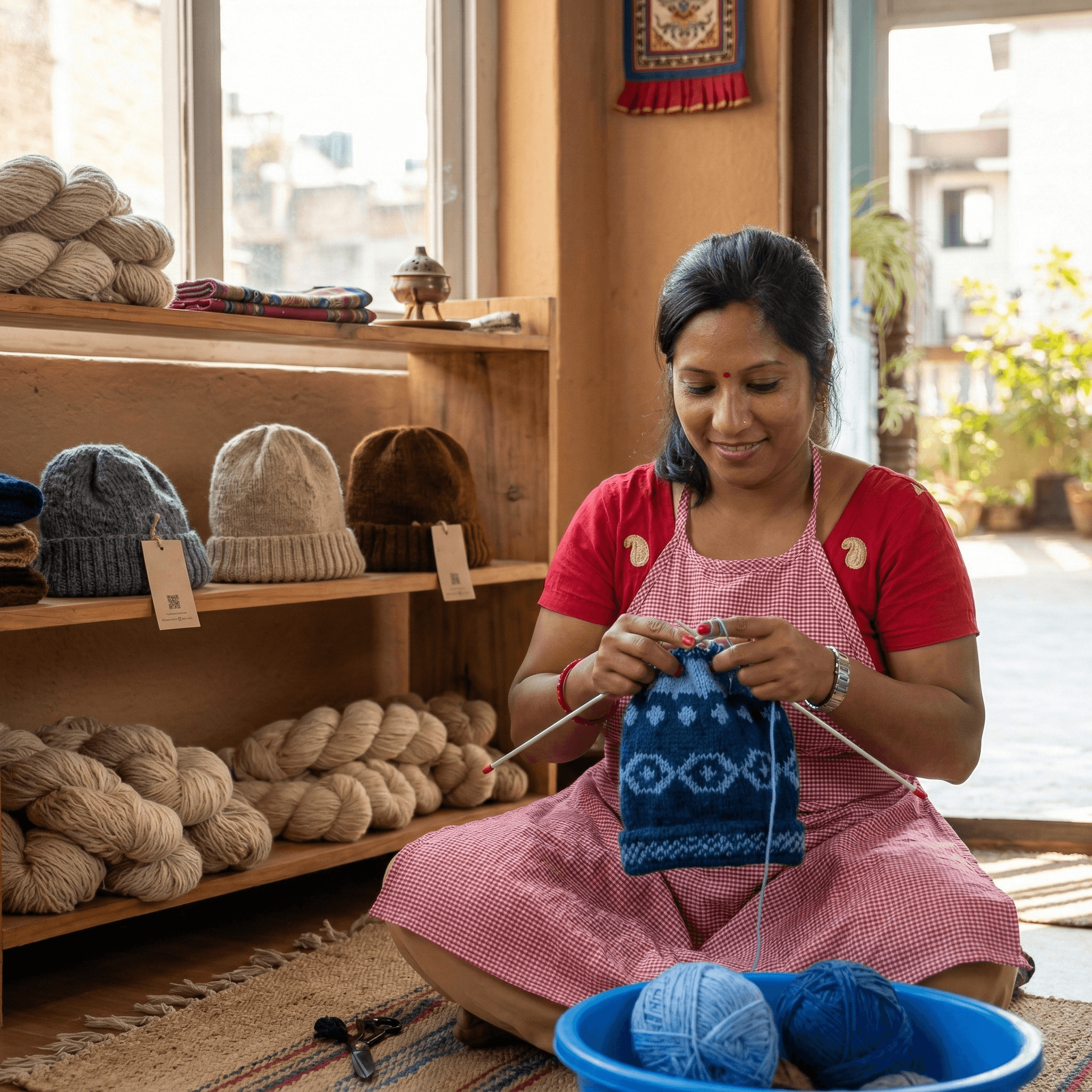 Older woman's hands knitting with wool outdoors